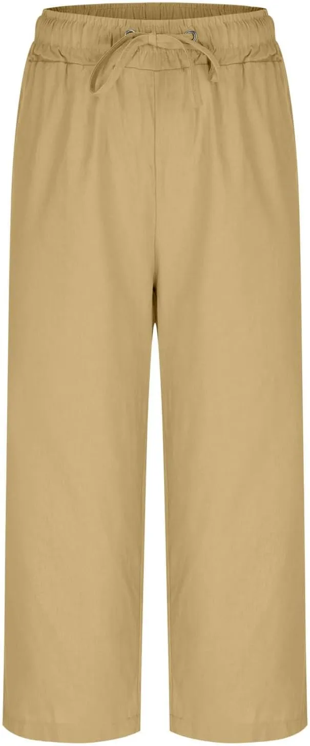 JOAU Capris Pants for Women 2025 Cotton Linen Casual Summer Straight Wide Leg Loose Drawstring Elastic Waist Cropped Trouser