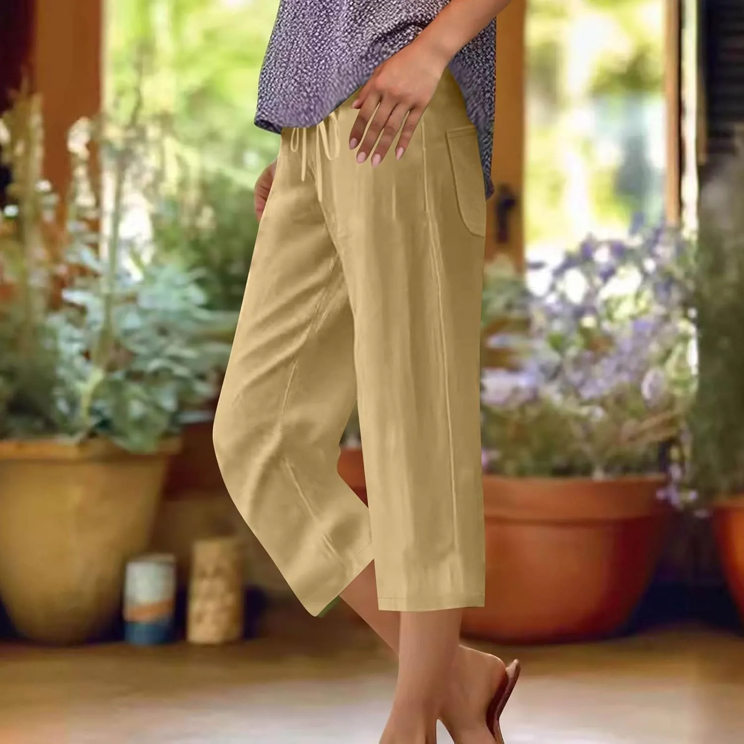 JOAU Capris Pants for Women 2025 Cotton Linen Casual Summer Straight Wide Leg Loose Drawstring Elastic Waist Cropped Trouser