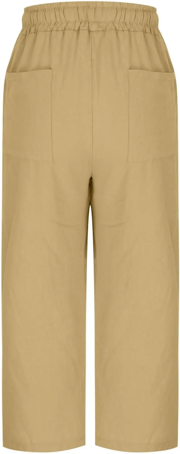 JOAU Capris Pants for Women 2025 Cotton Linen Casual Summer Straight Wide Leg Loose Drawstring Elastic Waist Cropped Trouser