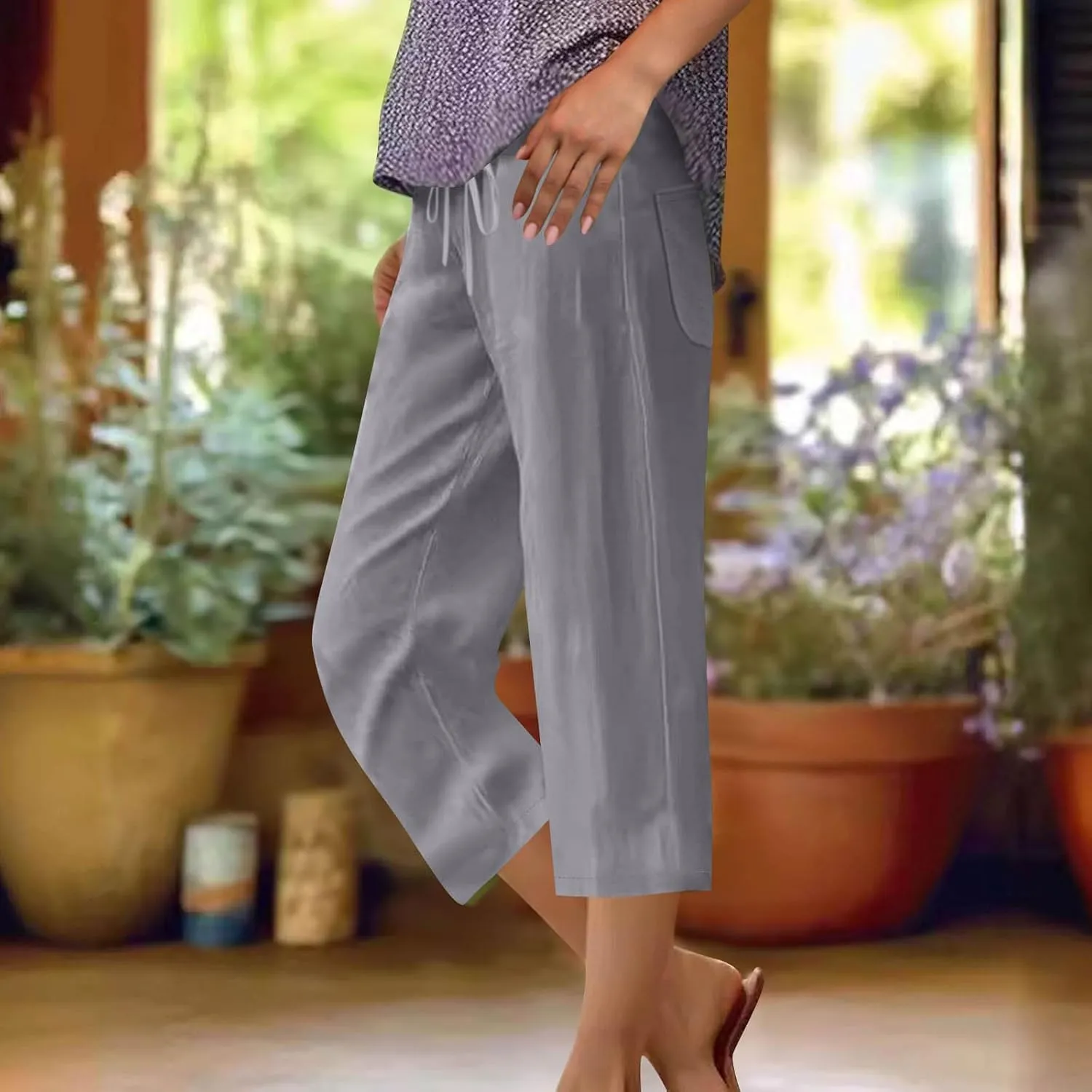 JOAU Capris Pants for Women 2025 Cotton Linen Casual Summer Straight Wide Leg Loose Drawstring Elastic Waist Cropped Trouser