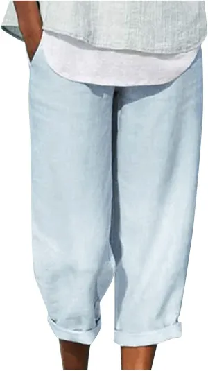 JOAU High Waisted Wide Leg Pants for Women Casual Elastic Trousers with Pockets Cotton Linen Long Straight Leg Solid Pants
