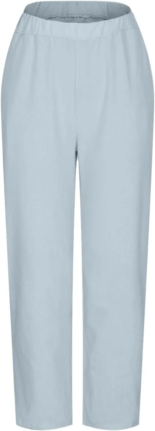 JOAU High Waisted Wide Leg Pants for Women Casual Elastic Trousers with Pockets Cotton Linen Long Straight Leg Solid Pants