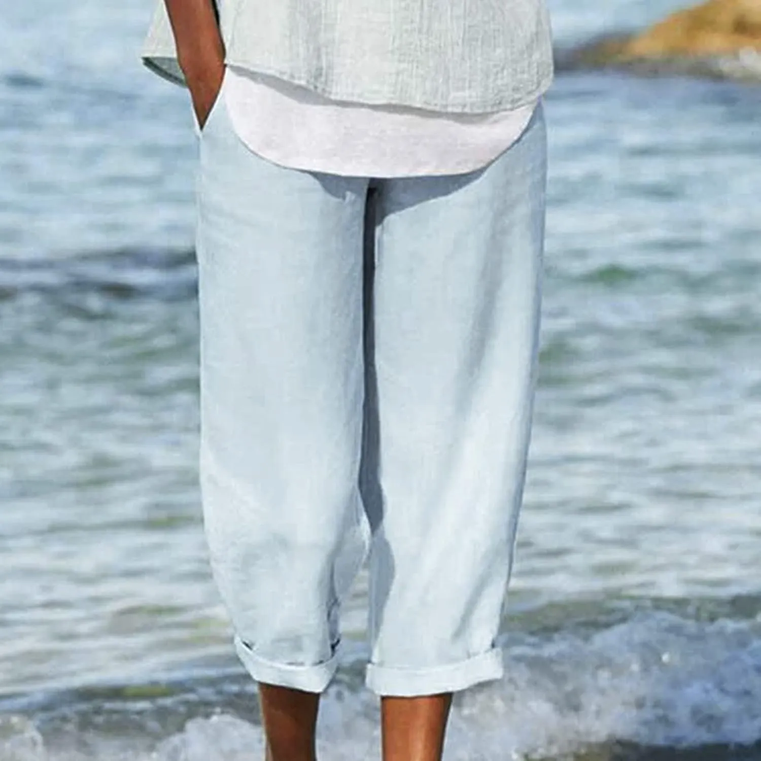 JOAU High Waisted Wide Leg Pants for Women Casual Elastic Trousers with Pockets Cotton Linen Long Straight Leg Solid Pants
