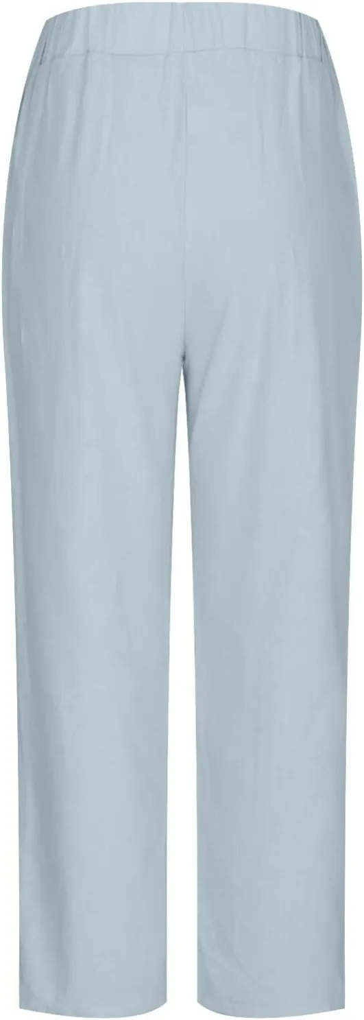 JOAU High Waisted Wide Leg Pants for Women Casual Elastic Trousers with Pockets Cotton Linen Long Straight Leg Solid Pants