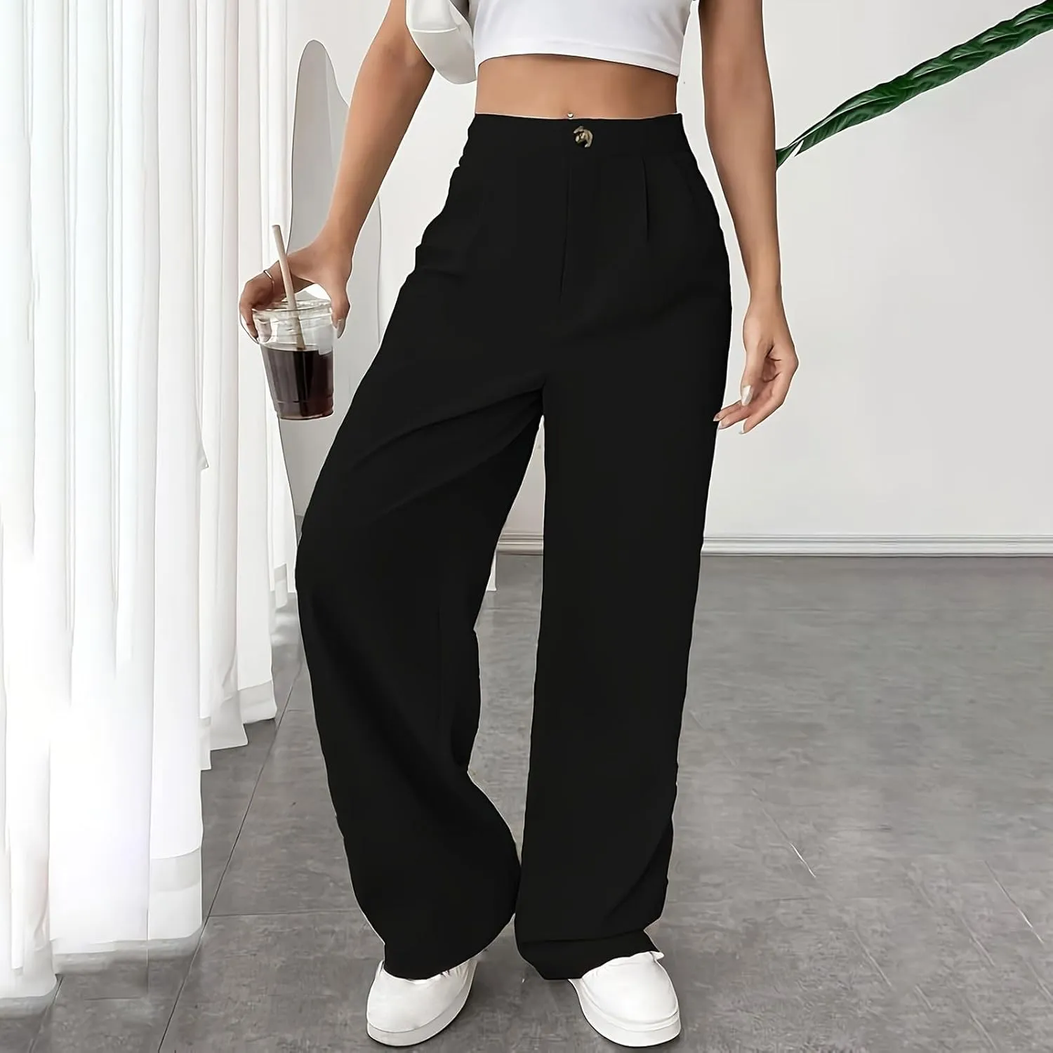 JOAU Womens Casual Business Work Palazzo Pants High Waist Pleated Dress Pants Wide Leg Straight Trousers 2024 Fall Fashion