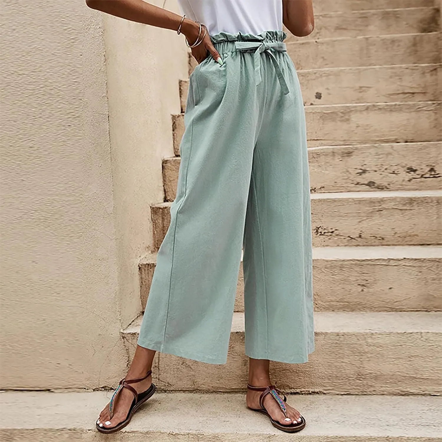 JOAU Womens High Waisted Palazzo Pant Ruched Tie Knot Wide Leg Long Trousers Straight Leg Business Work Casual Loose Pants