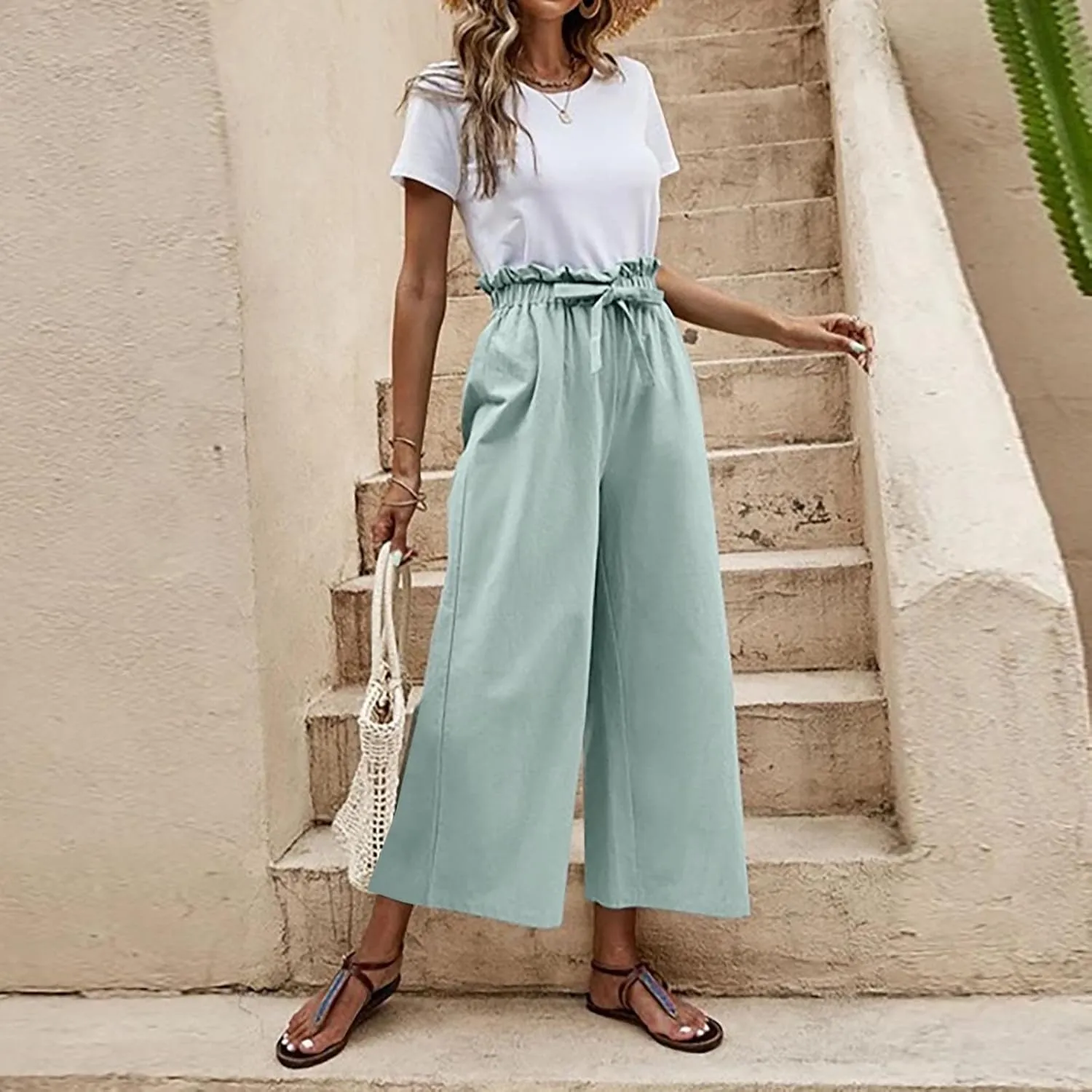 JOAU Womens High Waisted Palazzo Pant Ruched Tie Knot Wide Leg Long Trousers Straight Leg Business Work Casual Loose Pants