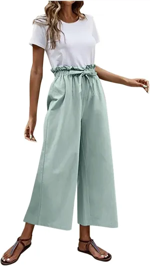 JOAU Womens High Waisted Palazzo Pant Ruched Tie Knot Wide Leg Long Trousers Straight Leg Business Work Casual Loose Pants