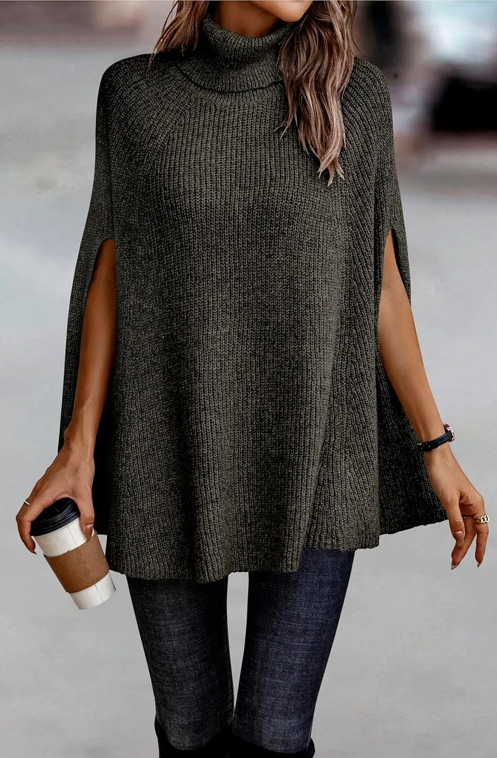 KIRUNDO Women's 2025 Fall Winter Turtleneck Poncho Sweater Fashion Chunky Knit Cape Wrap Sweaters Pullover Jumper Tops