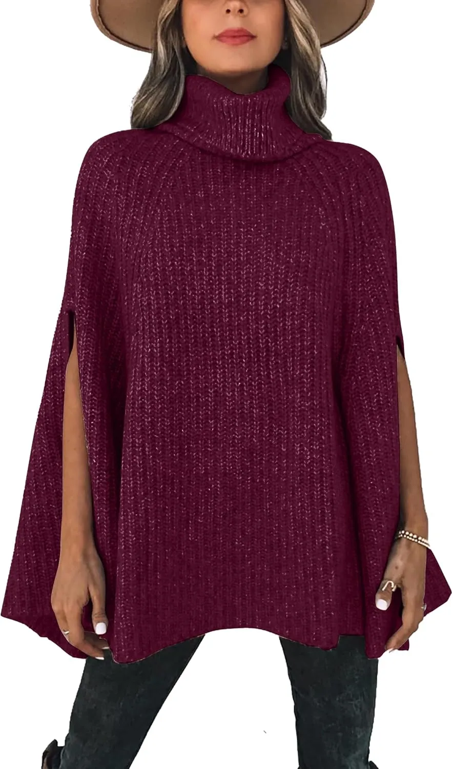 KIRUNDO Women's 2025 Fall Winter Turtleneck Poncho Sweater Fashion Chunky Knit Cape Wrap Sweaters Pullover Jumper Tops