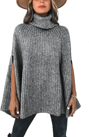 KIRUNDO Women's 2025 Fall Winter Turtleneck Poncho Sweater Fashion Chunky Knit Cape Wrap Sweaters Pullover Jumper Tops