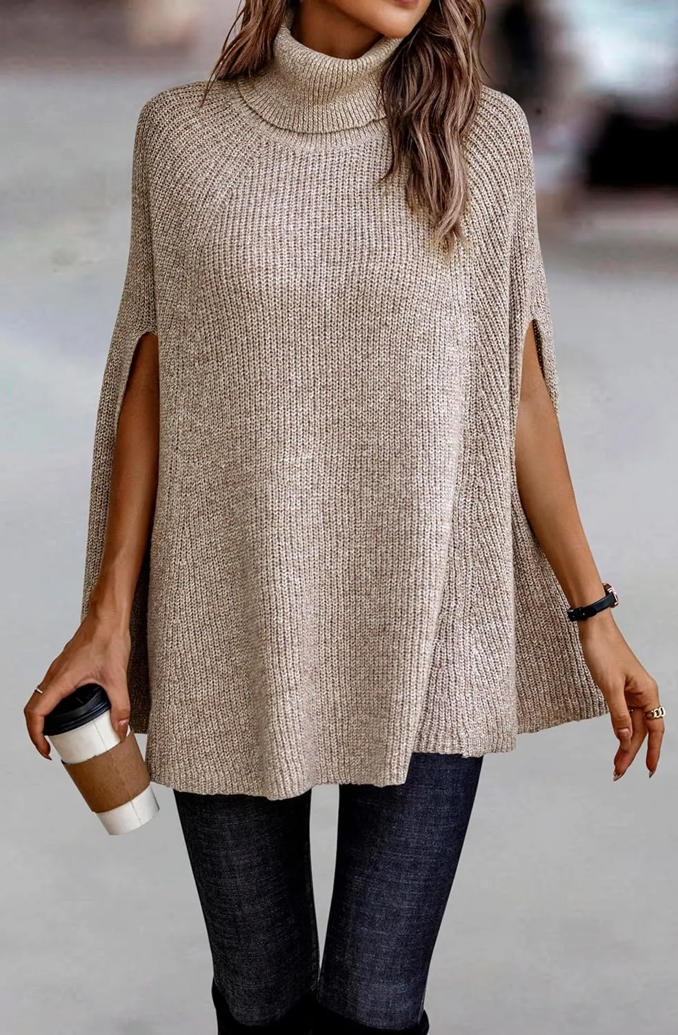 KIRUNDO Women's 2025 Fall Winter Turtleneck Poncho Sweater Fashion Chunky Knit Cape Wrap Sweaters Pullover Jumper Tops