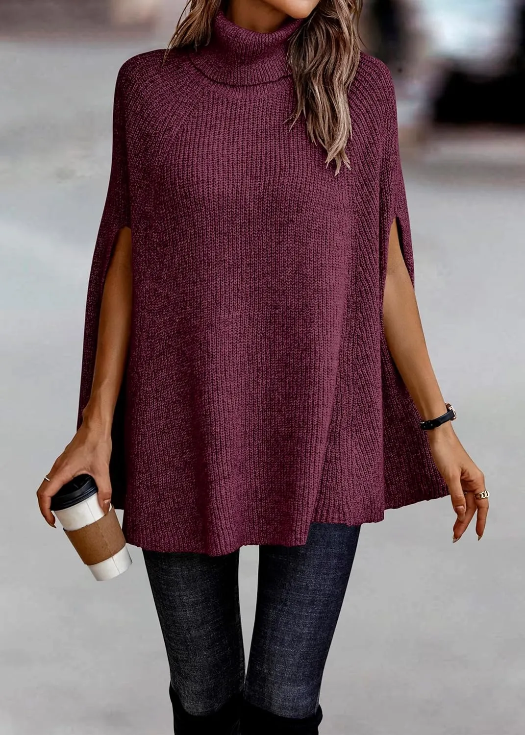 KIRUNDO Women's 2025 Fall Winter Turtleneck Poncho Sweater Fashion Chunky Knit Cape Wrap Sweaters Pullover Jumper Tops