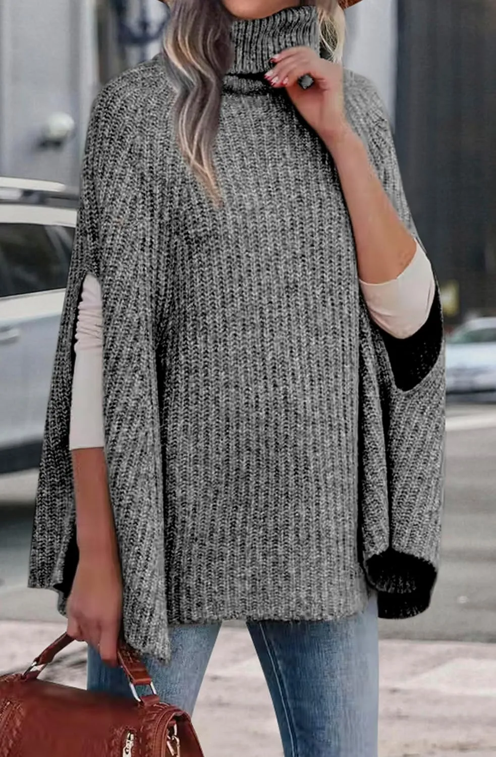 KIRUNDO Women's 2025 Fall Winter Turtleneck Poncho Sweater Fashion Chunky Knit Cape Wrap Sweaters Pullover Jumper Tops