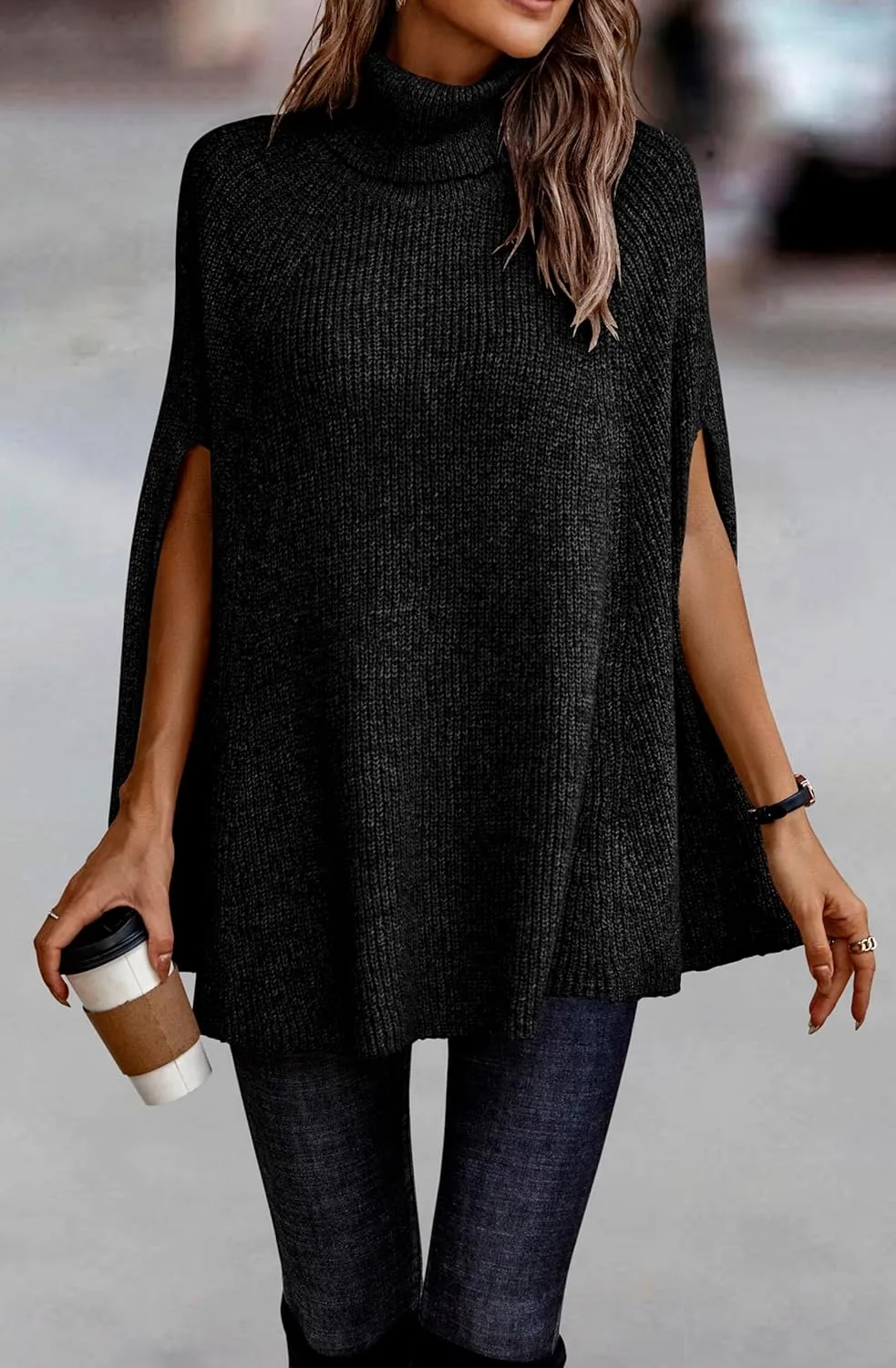 KIRUNDO Women's 2025 Fall Winter Turtleneck Poncho Sweater Fashion Chunky Knit Cape Wrap Sweaters Pullover Jumper Tops