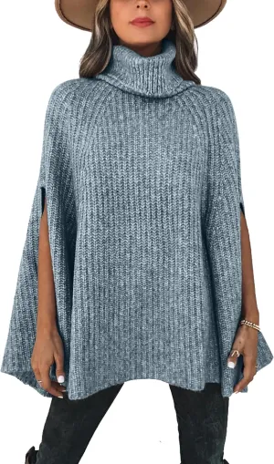 KIRUNDO Women's 2025 Fall Winter Turtleneck Poncho Sweater Fashion Chunky Knit Cape Wrap Sweaters Pullover Jumper Tops