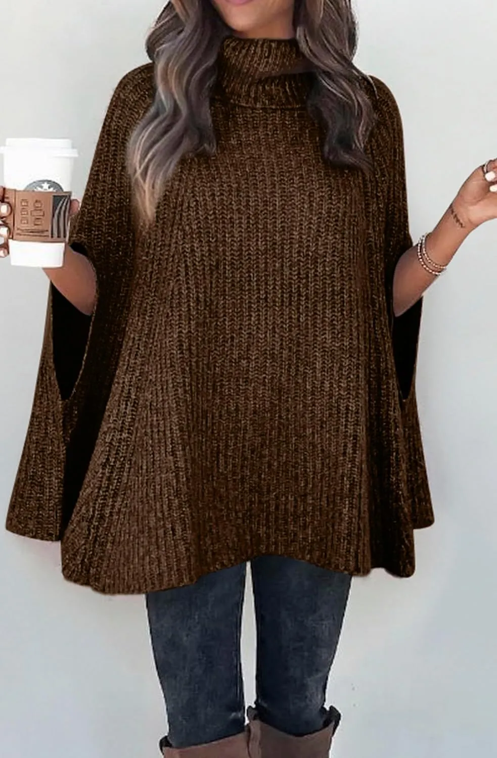 KIRUNDO Women's 2025 Fall Winter Turtleneck Poncho Sweater Fashion Chunky Knit Cape Wrap Sweaters Pullover Jumper Tops