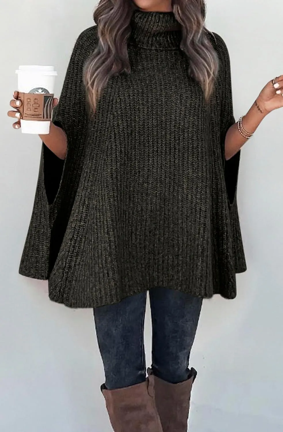 KIRUNDO Women's 2025 Fall Winter Turtleneck Poncho Sweater Fashion Chunky Knit Cape Wrap Sweaters Pullover Jumper Tops