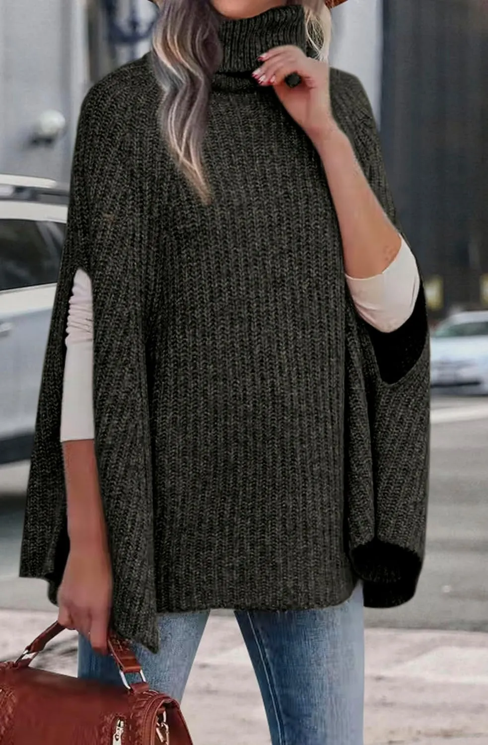 KIRUNDO Women's 2025 Fall Winter Turtleneck Poncho Sweater Fashion Chunky Knit Cape Wrap Sweaters Pullover Jumper Tops