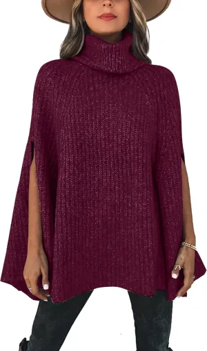 KIRUNDO Women's 2025 Fall Winter Turtleneck Poncho Sweater Fashion Chunky Knit Cape Wrap Sweaters Pullover Jumper Tops