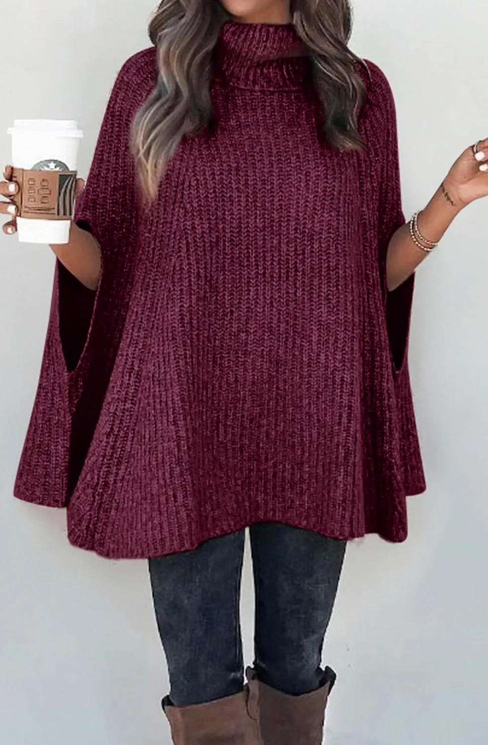 KIRUNDO Women's 2025 Fall Winter Turtleneck Poncho Sweater Fashion Chunky Knit Cape Wrap Sweaters Pullover Jumper Tops