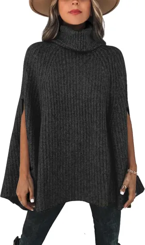 KIRUNDO Women's 2025 Fall Winter Turtleneck Poncho Sweater Fashion Chunky Knit Cape Wrap Sweaters Pullover Jumper Tops