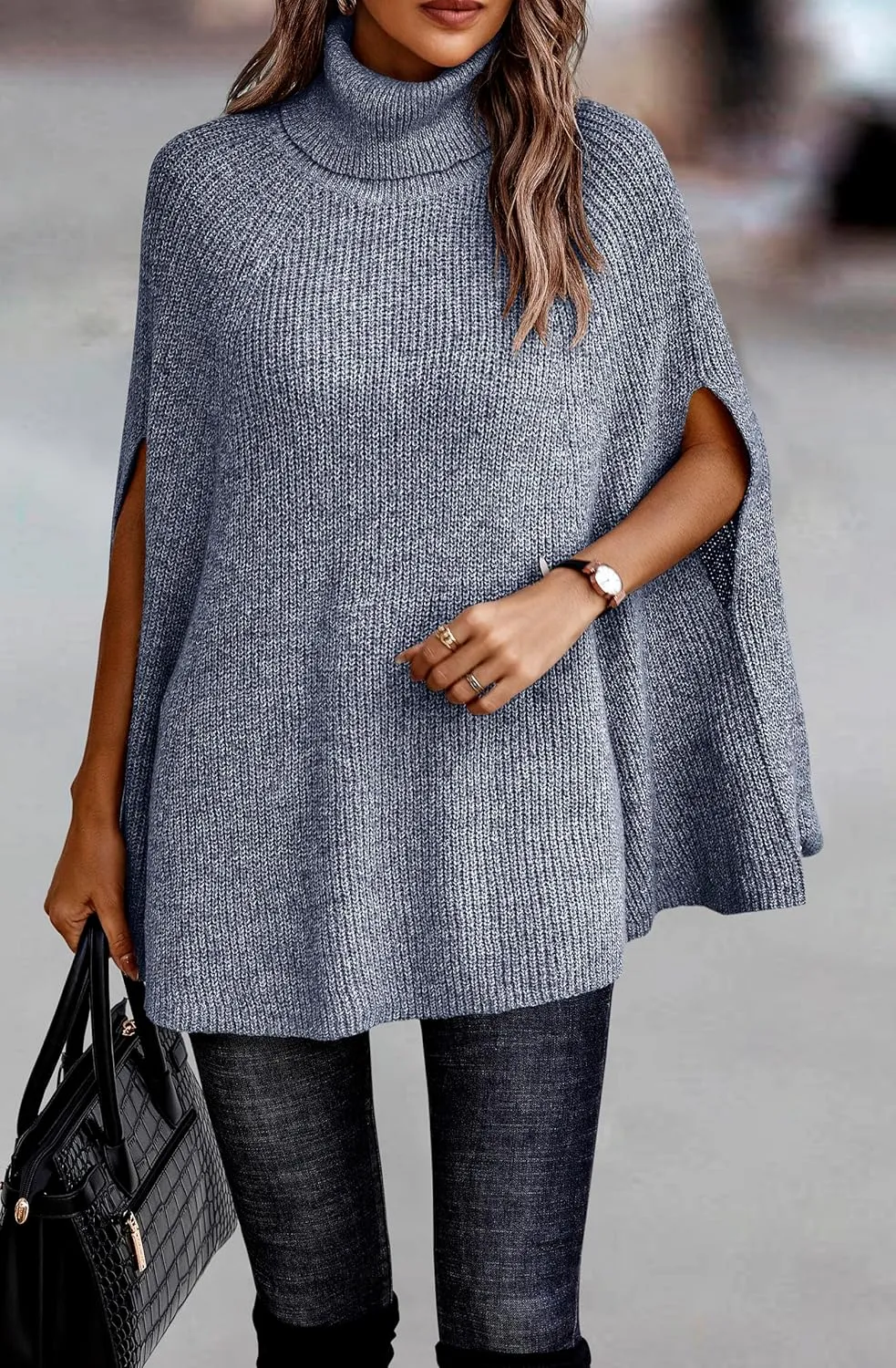 KIRUNDO Women's 2025 Fall Winter Turtleneck Poncho Sweater Fashion Chunky Knit Cape Wrap Sweaters Pullover Jumper Tops