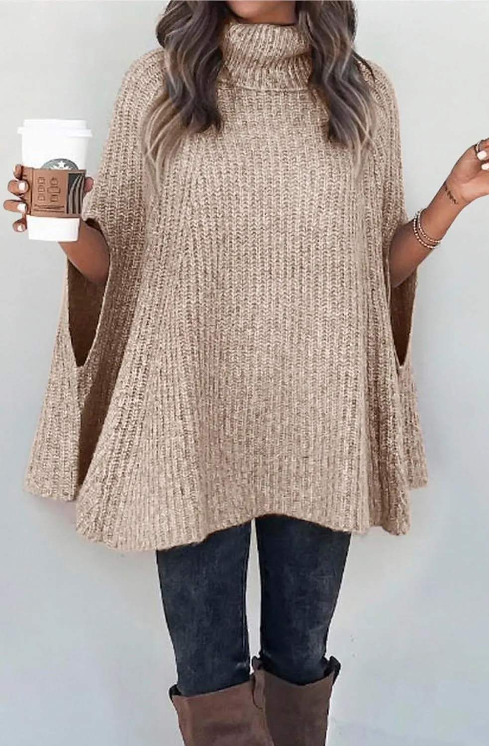 KIRUNDO Women's 2025 Fall Winter Turtleneck Poncho Sweater Fashion Chunky Knit Cape Wrap Sweaters Pullover Jumper Tops