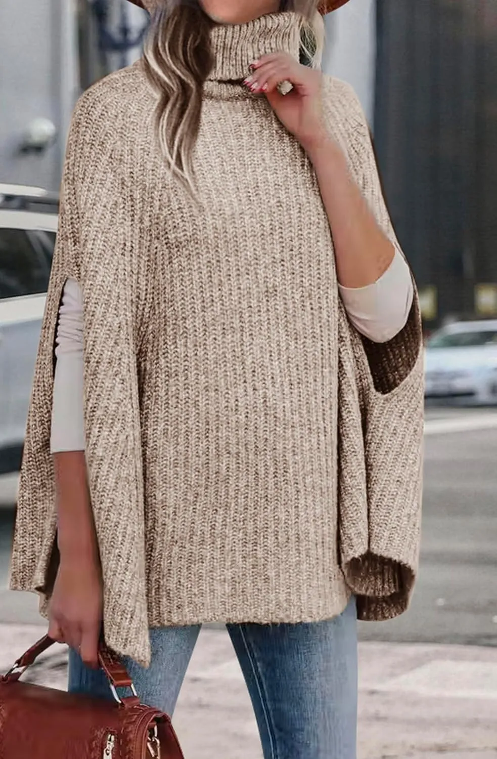 KIRUNDO Women's 2025 Fall Winter Turtleneck Poncho Sweater Fashion Chunky Knit Cape Wrap Sweaters Pullover Jumper Tops