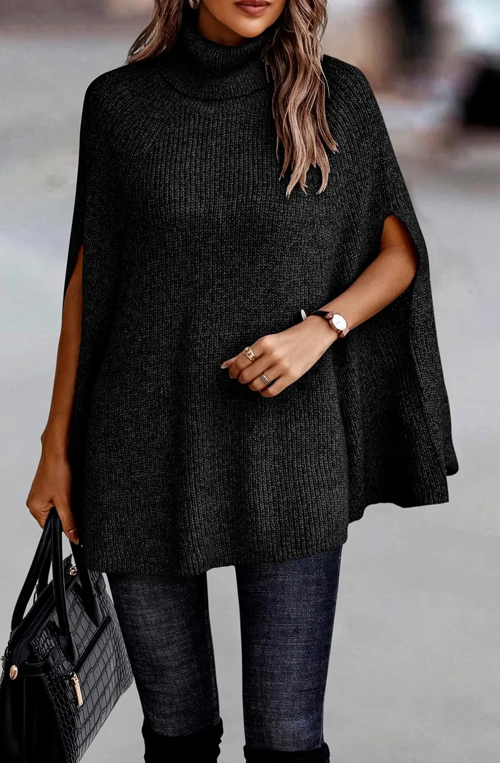 KIRUNDO Women's 2025 Fall Winter Turtleneck Poncho Sweater Fashion Chunky Knit Cape Wrap Sweaters Pullover Jumper Tops