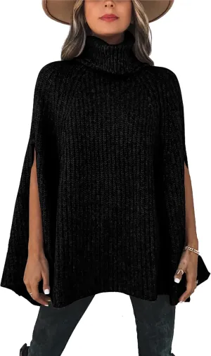 KIRUNDO Women's 2025 Fall Winter Turtleneck Poncho Sweater Fashion Chunky Knit Cape Wrap Sweaters Pullover Jumper Tops
