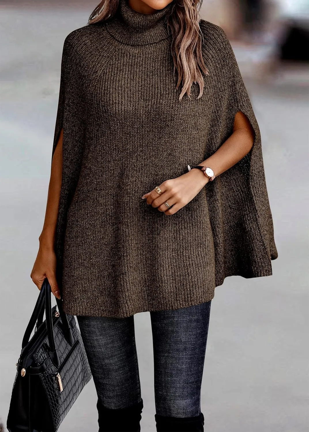 KIRUNDO Women's 2025 Fall Winter Turtleneck Poncho Sweater Fashion Chunky Knit Cape Wrap Sweaters Pullover Jumper Tops