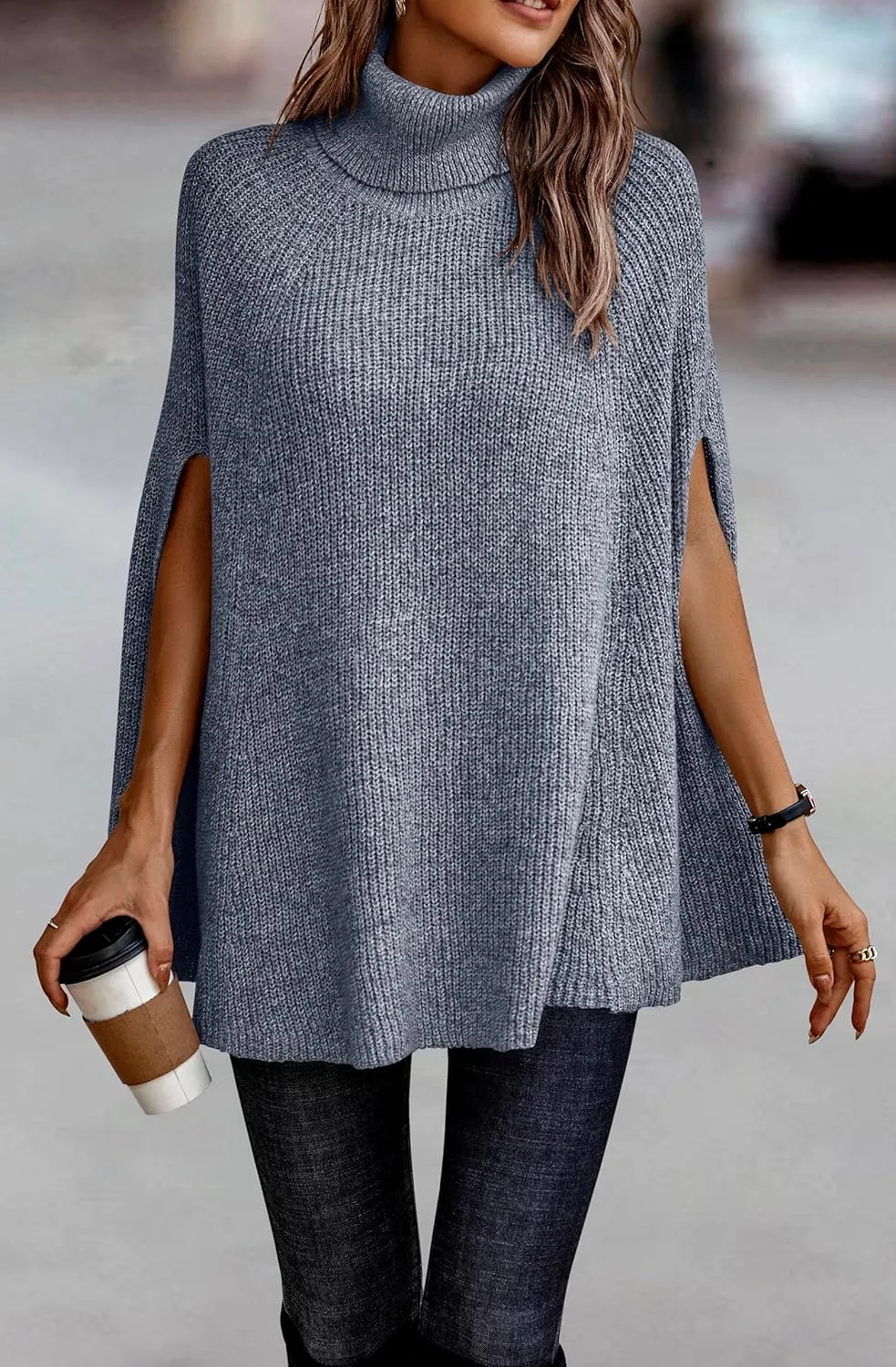 KIRUNDO Women's 2025 Fall Winter Turtleneck Poncho Sweater Fashion Chunky Knit Cape Wrap Sweaters Pullover Jumper Tops