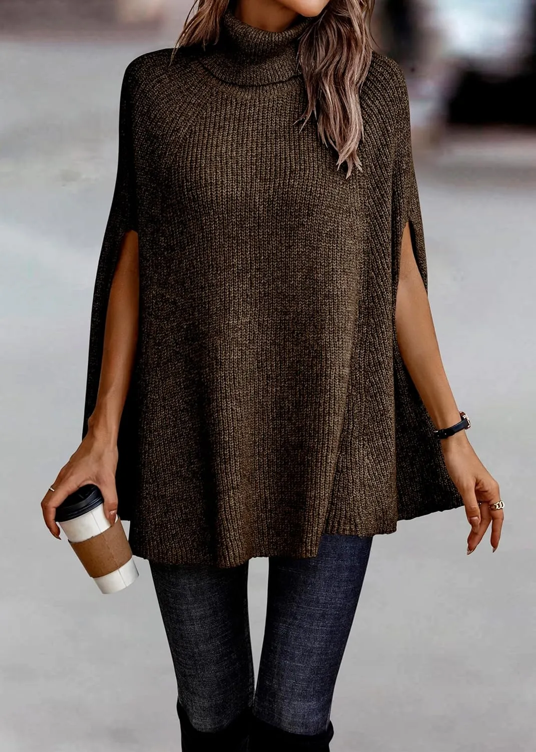KIRUNDO Women's 2025 Fall Winter Turtleneck Poncho Sweater Fashion Chunky Knit Cape Wrap Sweaters Pullover Jumper Tops
