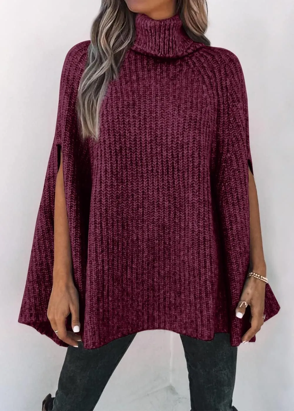 KIRUNDO Women's 2025 Fall Winter Turtleneck Poncho Sweater Fashion Chunky Knit Cape Wrap Sweaters Pullover Jumper Tops