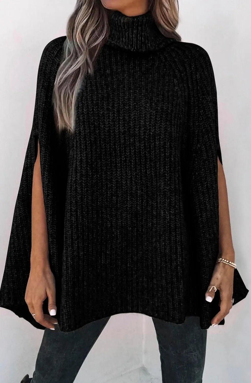 KIRUNDO Women's 2025 Fall Winter Turtleneck Poncho Sweater Fashion Chunky Knit Cape Wrap Sweaters Pullover Jumper Tops