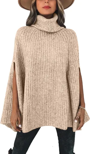 KIRUNDO Women's 2025 Fall Winter Turtleneck Poncho Sweater Fashion Chunky Knit Cape Wrap Sweaters Pullover Jumper Tops