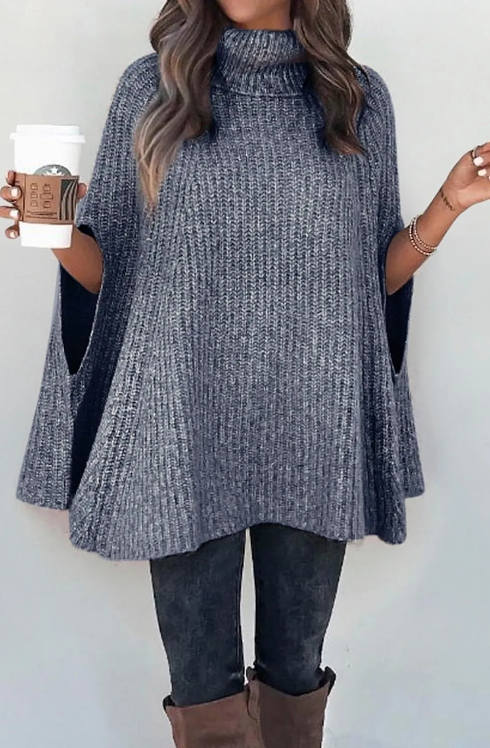 KIRUNDO Women's 2025 Fall Winter Turtleneck Poncho Sweater Fashion Chunky Knit Cape Wrap Sweaters Pullover Jumper Tops