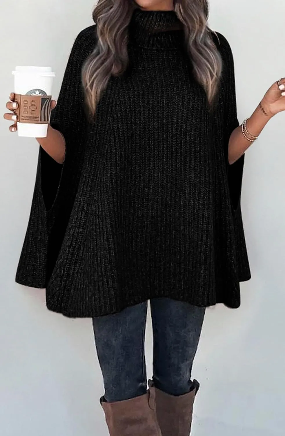 KIRUNDO Women's 2025 Fall Winter Turtleneck Poncho Sweater Fashion Chunky Knit Cape Wrap Sweaters Pullover Jumper Tops