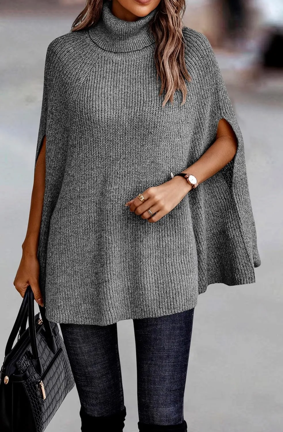 KIRUNDO Women's 2025 Fall Winter Turtleneck Poncho Sweater Fashion Chunky Knit Cape Wrap Sweaters Pullover Jumper Tops