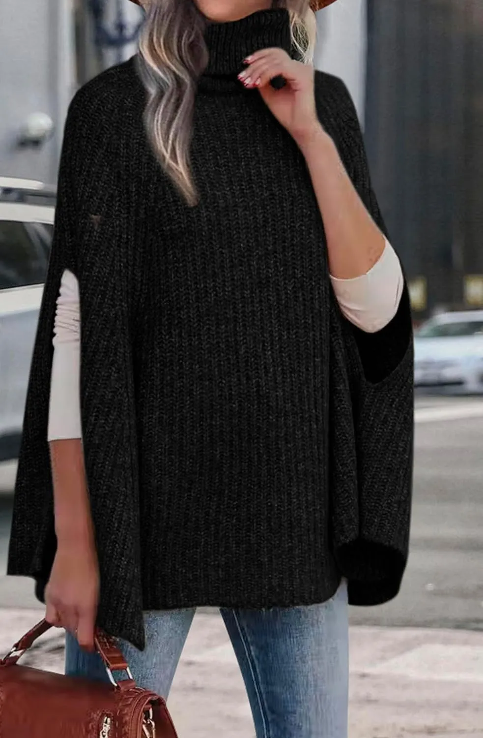 KIRUNDO Women's 2025 Fall Winter Turtleneck Poncho Sweater Fashion Chunky Knit Cape Wrap Sweaters Pullover Jumper Tops