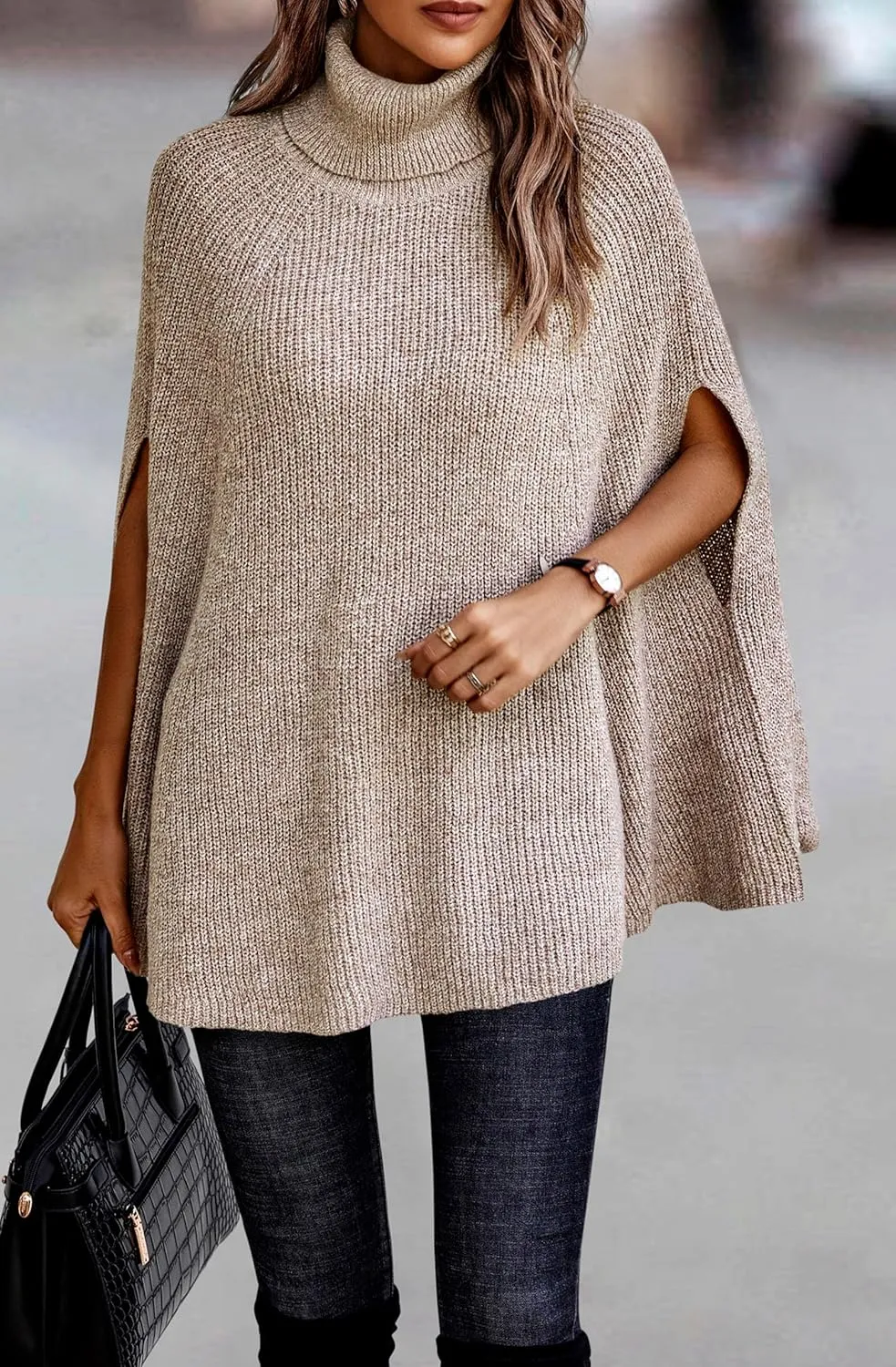 KIRUNDO Women's 2025 Fall Winter Turtleneck Poncho Sweater Fashion Chunky Knit Cape Wrap Sweaters Pullover Jumper Tops