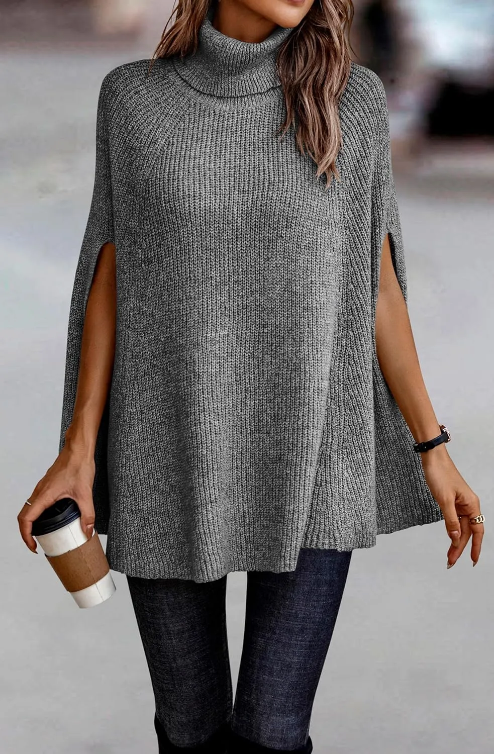 KIRUNDO Women's 2025 Fall Winter Turtleneck Poncho Sweater Fashion Chunky Knit Cape Wrap Sweaters Pullover Jumper Tops