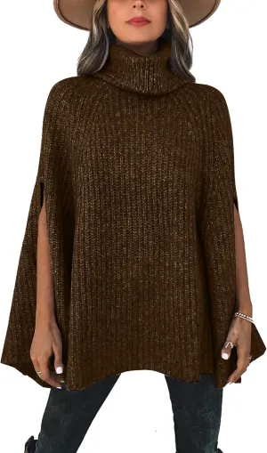 KIRUNDO Women's 2025 Fall Winter Turtleneck Poncho Sweater Fashion Chunky Knit Cape Wrap Sweaters Pullover Jumper Tops