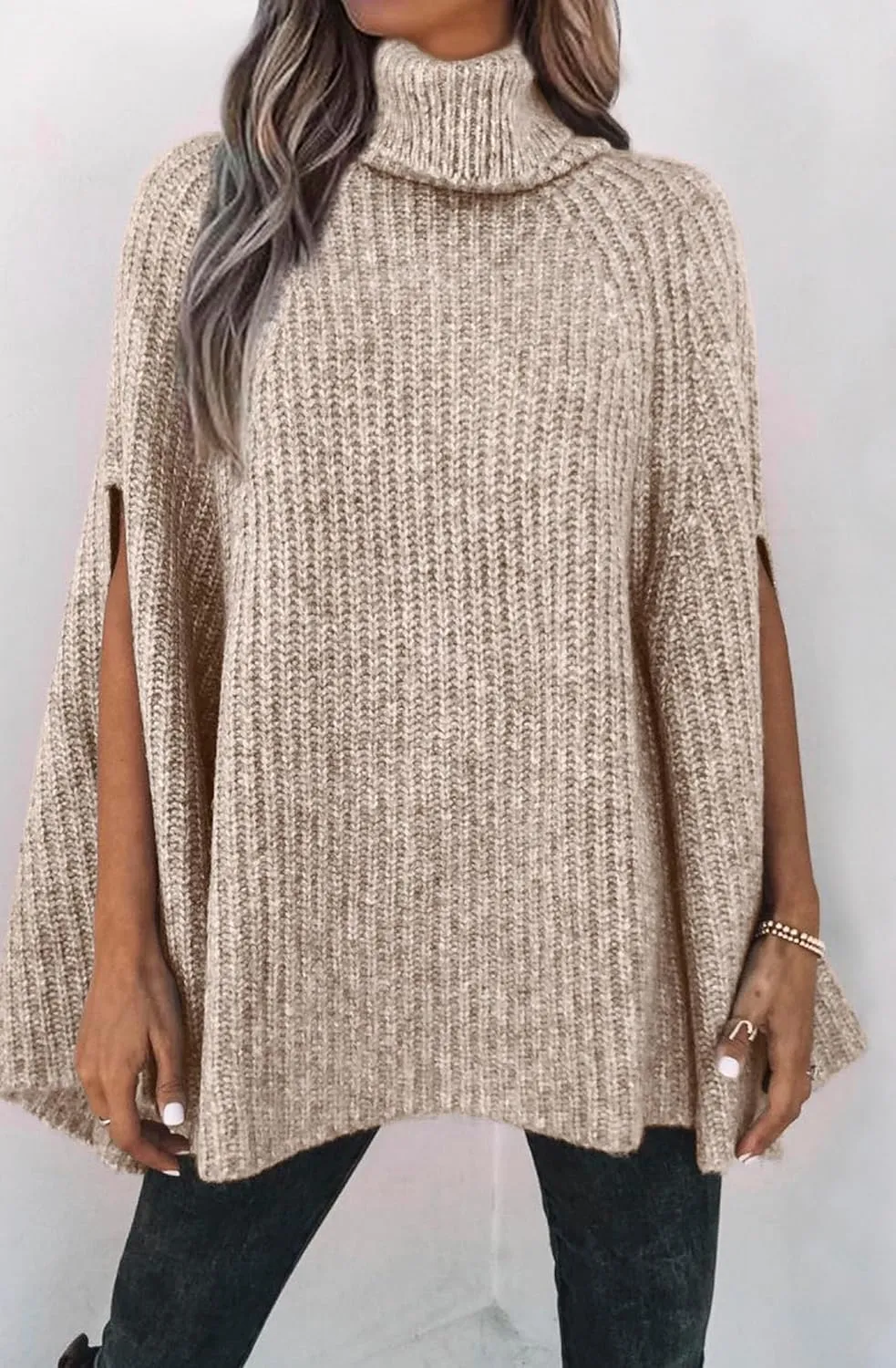 KIRUNDO Women's 2025 Fall Winter Turtleneck Poncho Sweater Fashion Chunky Knit Cape Wrap Sweaters Pullover Jumper Tops
