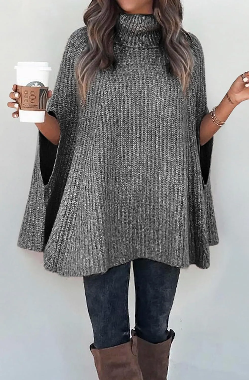 KIRUNDO Women's 2025 Fall Winter Turtleneck Poncho Sweater Fashion Chunky Knit Cape Wrap Sweaters Pullover Jumper Tops