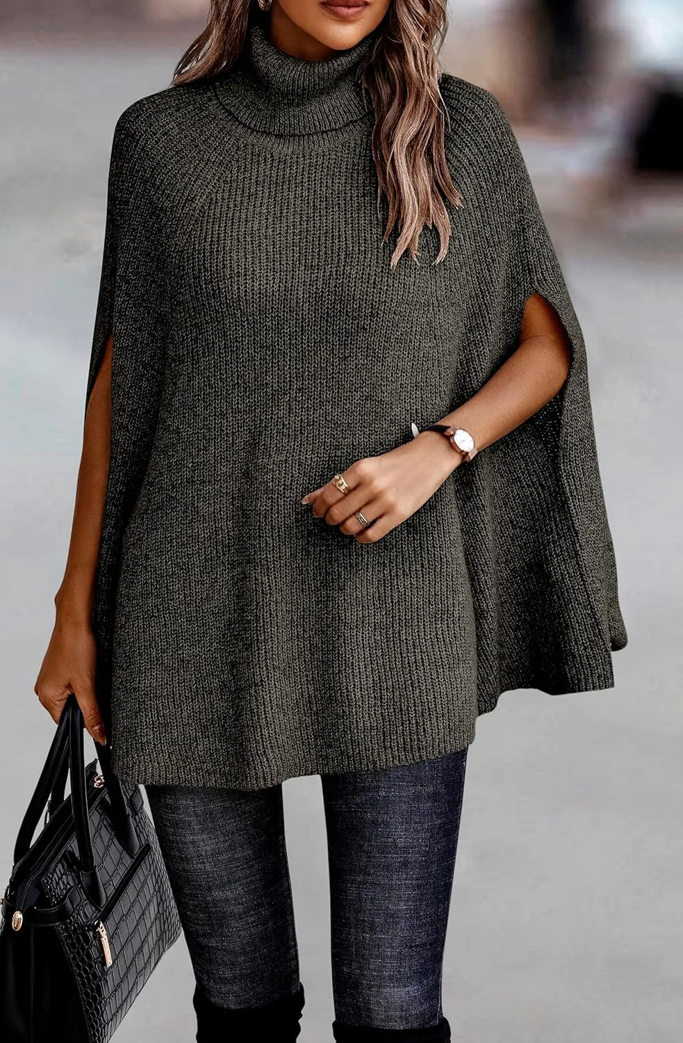 KIRUNDO Women's 2025 Fall Winter Turtleneck Poncho Sweater Fashion Chunky Knit Cape Wrap Sweaters Pullover Jumper Tops