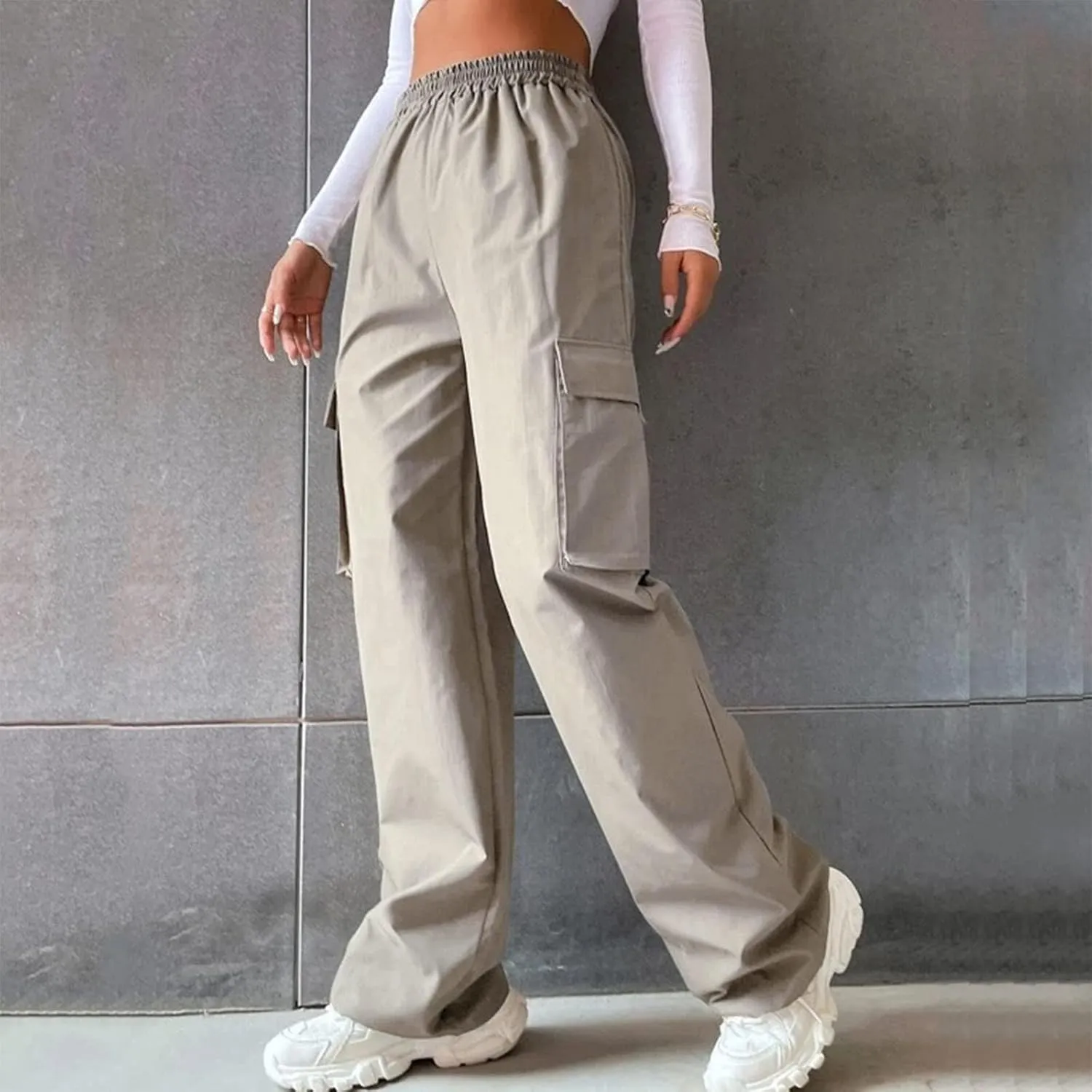 Kubbon Women's Cargo Pants Baggy Loose High Waisted Straight Sweatpants Plus Size Wide Leg Trousers Lightweight Y2K Pants