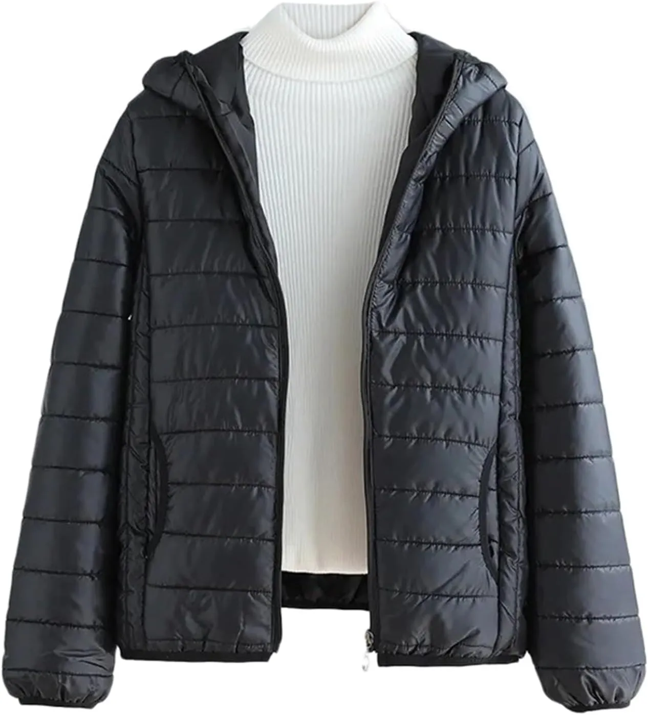 Kubbon Women's Down Coat Lightweight Hooded Puffer Jacket Cozy Warm Zip Up Long Sleeve Quilted Coat Outwear with Pockets
