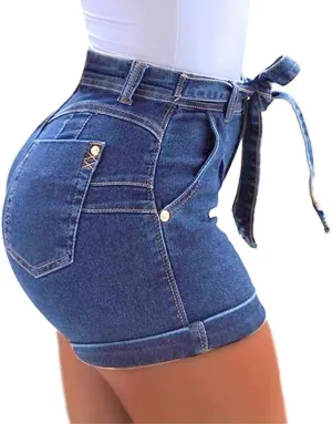 Lailezou Women's High Waist Denim Shorts Casual Classic Stretchy Folded Hem Belt Washed Summer Sexy Shorts Jeans
